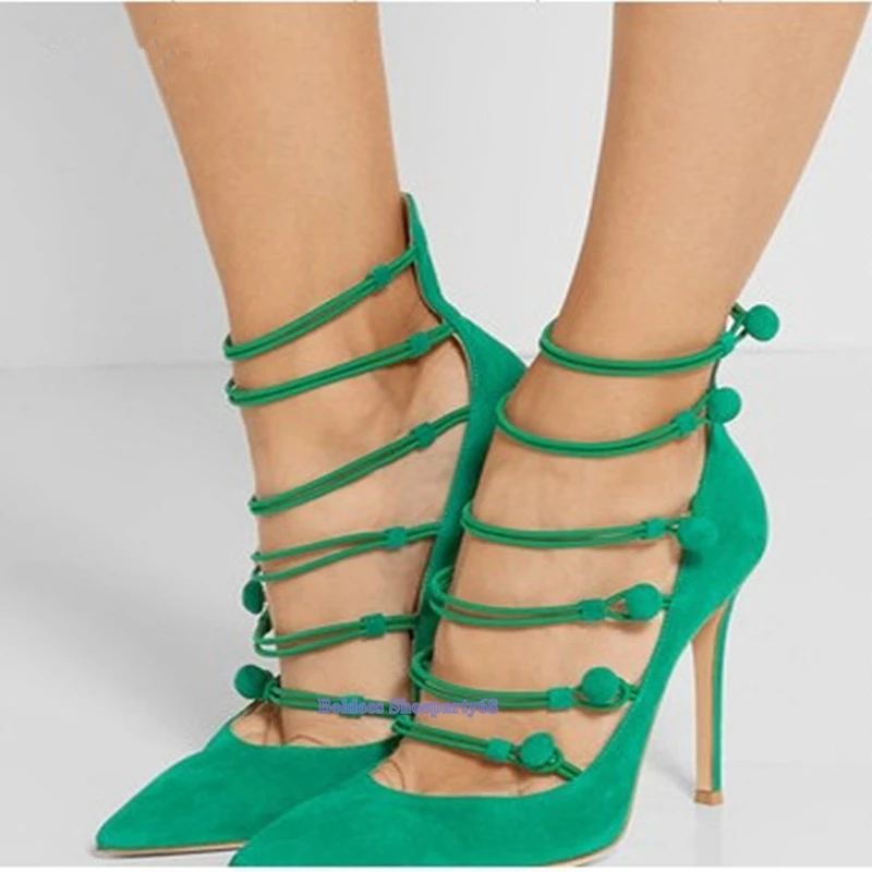 green suede stilettos