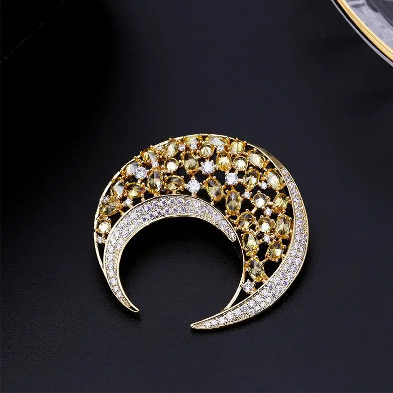 Красочные желтые хрустальные лунные Броши для женщин аксессуары broche femme bijoux, кубический цирконий Брошь шпильки металлические ювелирные изделия