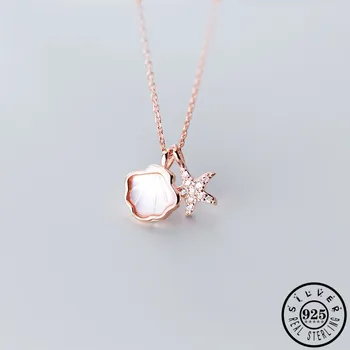 

925 Sterling Silver Cubic Zirconia Starfish Shape Necklace Statement Rose Gold Color Chain Shell Pendant Necklaces for Women