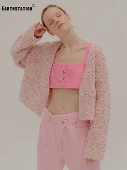 

Free shipping pink contrast button pockets knit sweater cardigan ladies autumn new fashion personality all-match top