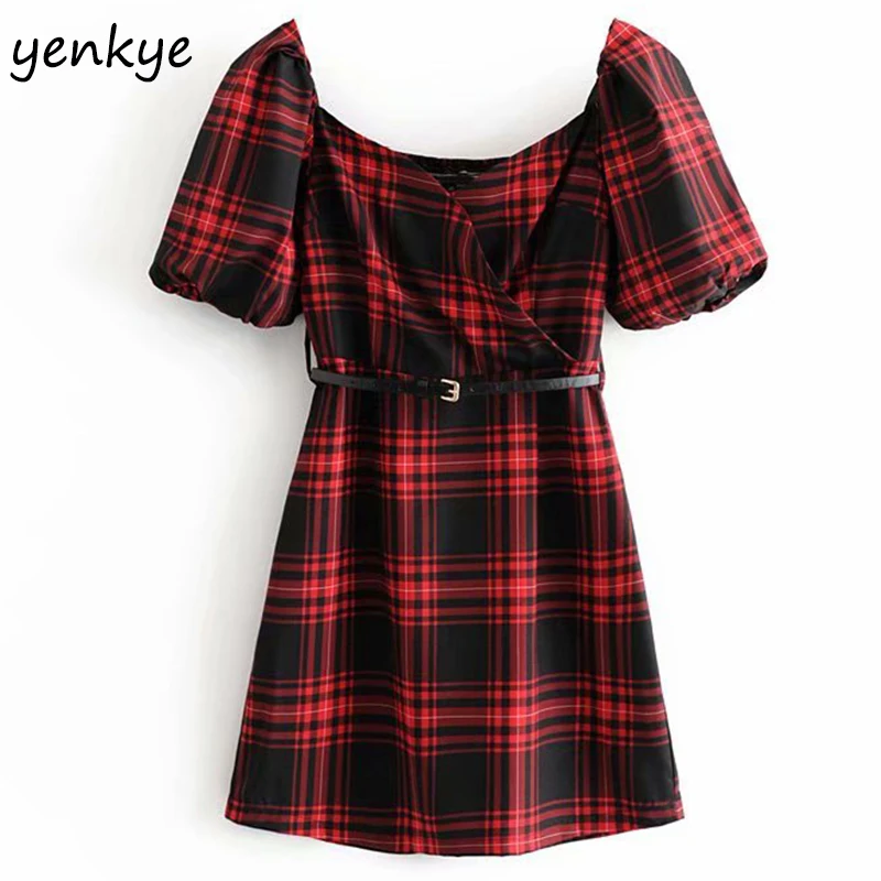 

Summer 2019 Women With Belt Vintage Plaid Dress Female Cross V Neck Puff Sleeve A-line Mini Dress AAZZ9474