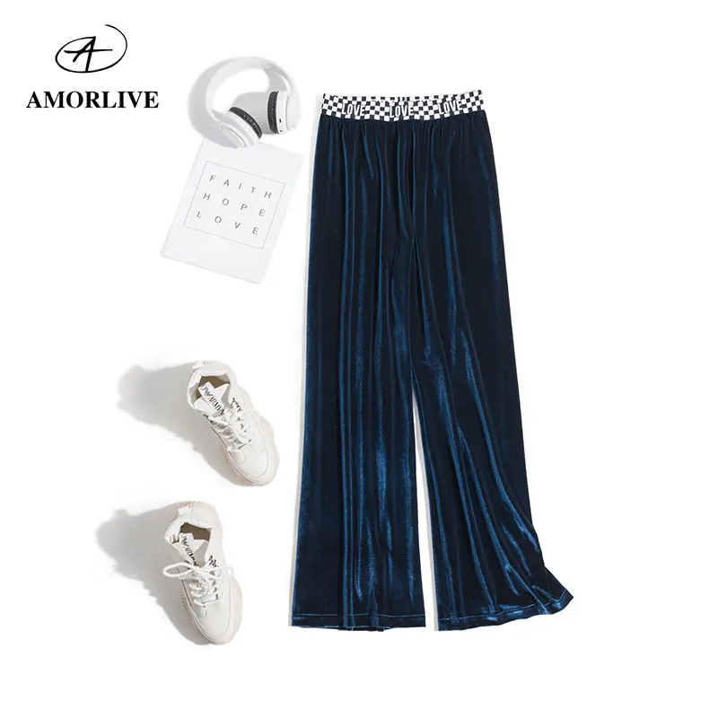 

AMOR LIVE LOVE Letter 3D Velvet Elastic Band Pants For Woman Wide Leg Full Length Pants Casual Trouser High Waist Loose Trousers