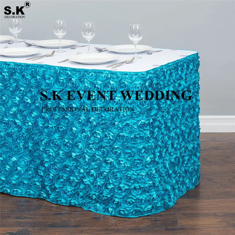 Rosette Satin Table Skirt Rectangle Tablecloth Skirting For Wedding Banquet Event Christmas Decoration
