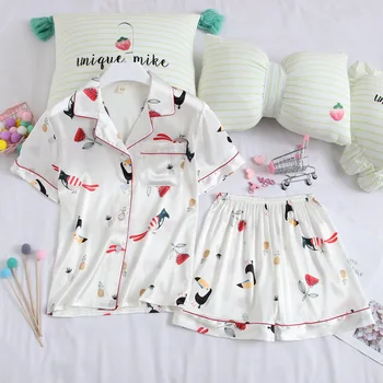 

Fiklyc Thin Short-Sleeved Shorts Pajamas Women's Silk Two-Piece Suit Cute Cartoon Cardigan Women