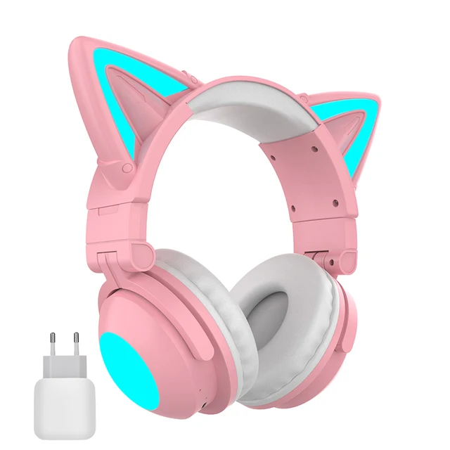 New ZW068 Bluetooth5.0 Headphone Wireless Headset With HD Microphone Cat Ear Cute LED Light Flashing for Girl Gift Charger pink