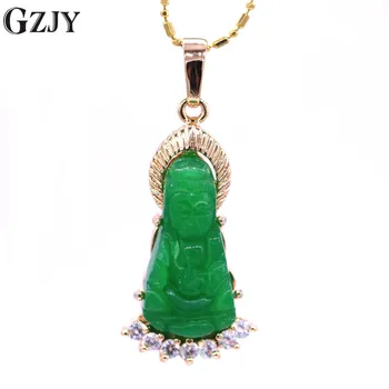 

GZJY Fashion Charm Necklace Pendant Smile Buddha Guanyin Green Stone Zircon Champagne Gold Color Pendant For Women Jewelry Gift