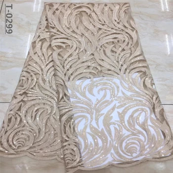 

2019 Latest African Lace High Quality Gold African French Tulle Lace Fabric with Sequins embroidery For African Wedding