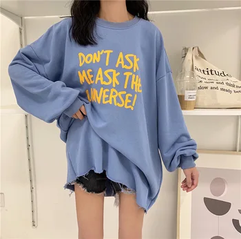 

2020 Autumn New Arrival Letter Printing Mid Length Loose Personality Raw Edge Round Neck Long-sleeved Women Free Shipping