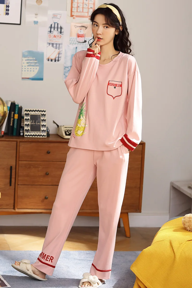 

2019 Pajamas Women's Spring And Autumn Pure Cotton Korean-style Pullover Tracksuit Sweet Long-sleeve Suit Students Long Sleeve T