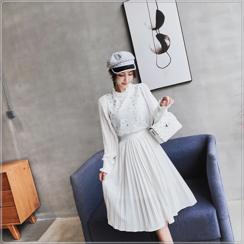 

2019 Autumn New Women Two Piece Outfits Slim Embroidered Long Sleeve White Top + High Waist Pleated Long Skirt Suits 2 Piece Set
