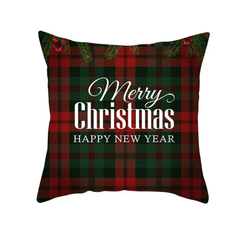 Merry Christmas Cushion Cover Polyester Red Plaid Decoration Pillow Cover for Home Sofa Peach Velvet Throw Pillowcase 45X45cm#3