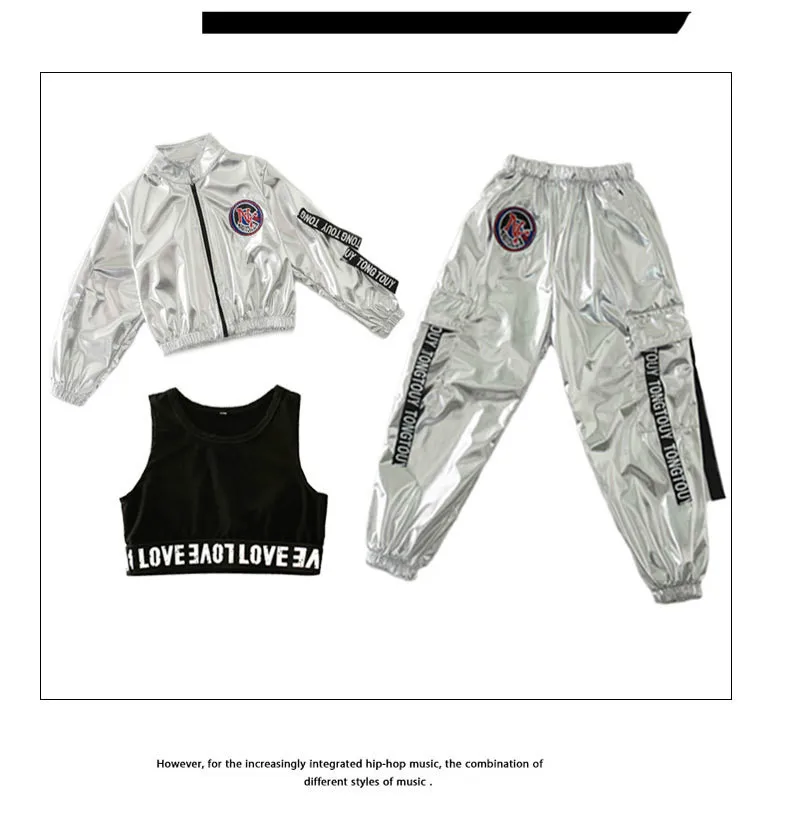 2021 Fashion Boys Hip-hop Set Girl Silver Color Jazz Dance Costume Children Performance Clothes Dance Costume Cool Rave Outfits
