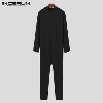 

INCERUN Men Jumpsuit Pajamas Homewear Long Sleeve O Neck Leisure Nightwear Soft Solid Color Skinny Men Rompers Sleepwear S-5XL