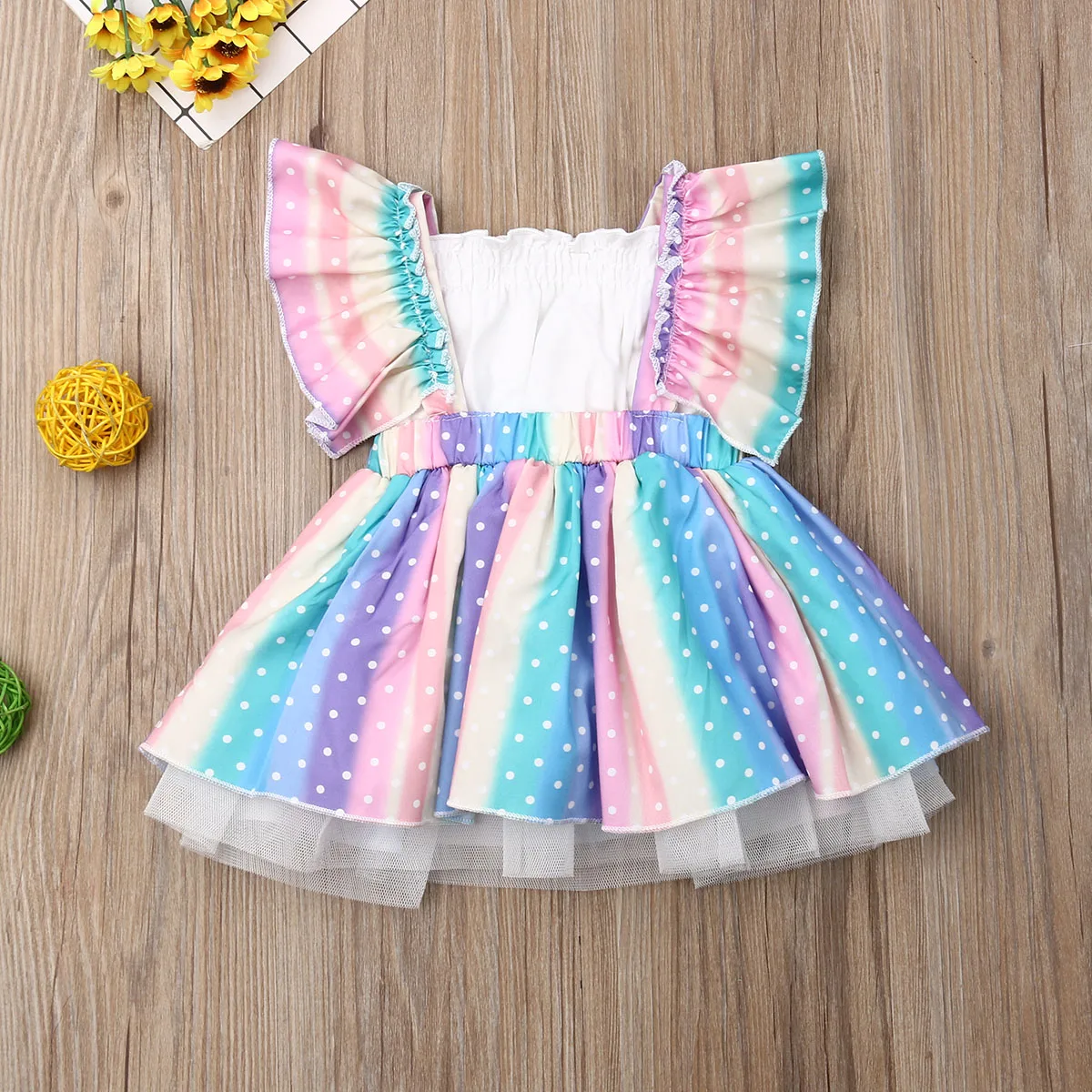Платье для девочек Одежда для новорожденных девочек топ в горошек с оборками и принтом радуги+ бальное платье-пачка комплект одежды из 2 предметов