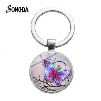 

Romantic Purple Butterfly Keychain A Pair of Butterflies Vintage Flower Art Picture Glass Key Chain Women Girl Bag Charms
