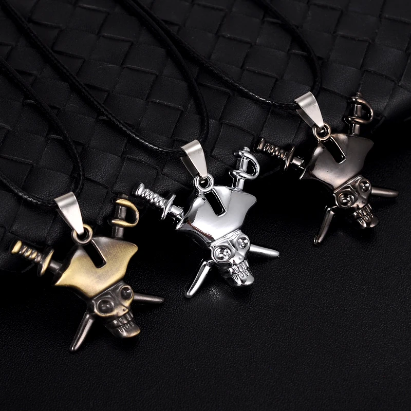 

Retro Metal Skull Necklace Cool Pirate Captain Signs Men Pendant Accessories Rope Chain Party Gift