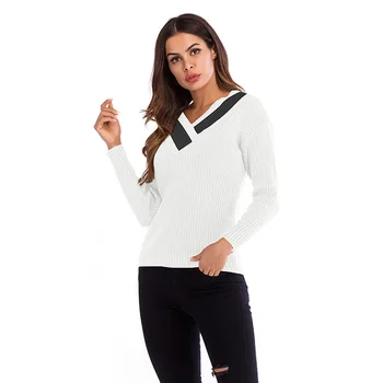 

Woman Knit Sweater Spring and Autumn Long Sleeve Solid Pullover Female Sweater European Style V-neck Slim