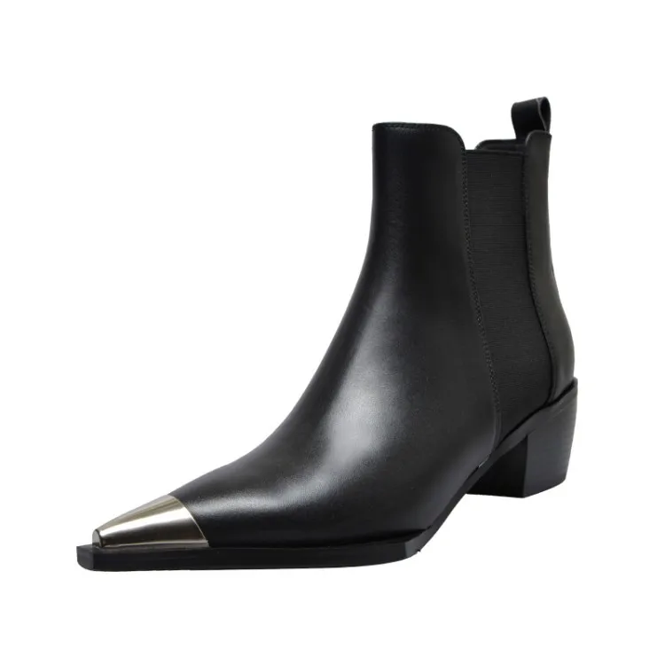 

Natural Genuine leather boots women metal pointed toe ladies ankle boots for women square heels spring autumn shoes
