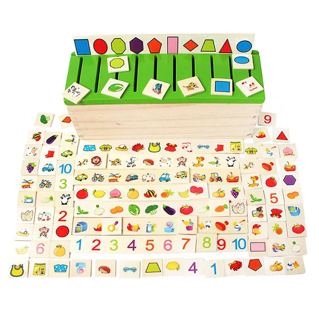 Wooden Sorting Box with Sorter Box - 8 Categories 80 Objects to Sort, Color Shape Recognitions Toy - Baby Early Educational Toy
