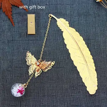 

1PC Retro Vintage Bookmark Feather/Butterfly Charms Metal Bookmarks with Gift Box Stationery Book Mark Students Gift