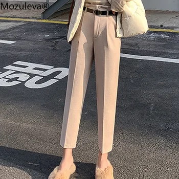 

Mozuleva Fashion Women Solid Wool Pants Thick Straight Pants Female Loose Belted Trousers Ladies High Waist Pants Autumn Winter