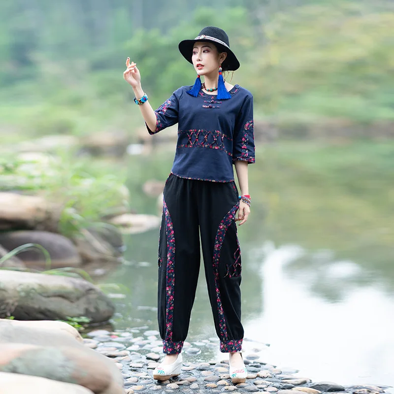 

2019 New Style Ethnic-Style WOMEN'S Dress Retro Cotton Linen Hand-cranking Embroidery Mixed Colors Tops Women's + Loose Pants Se