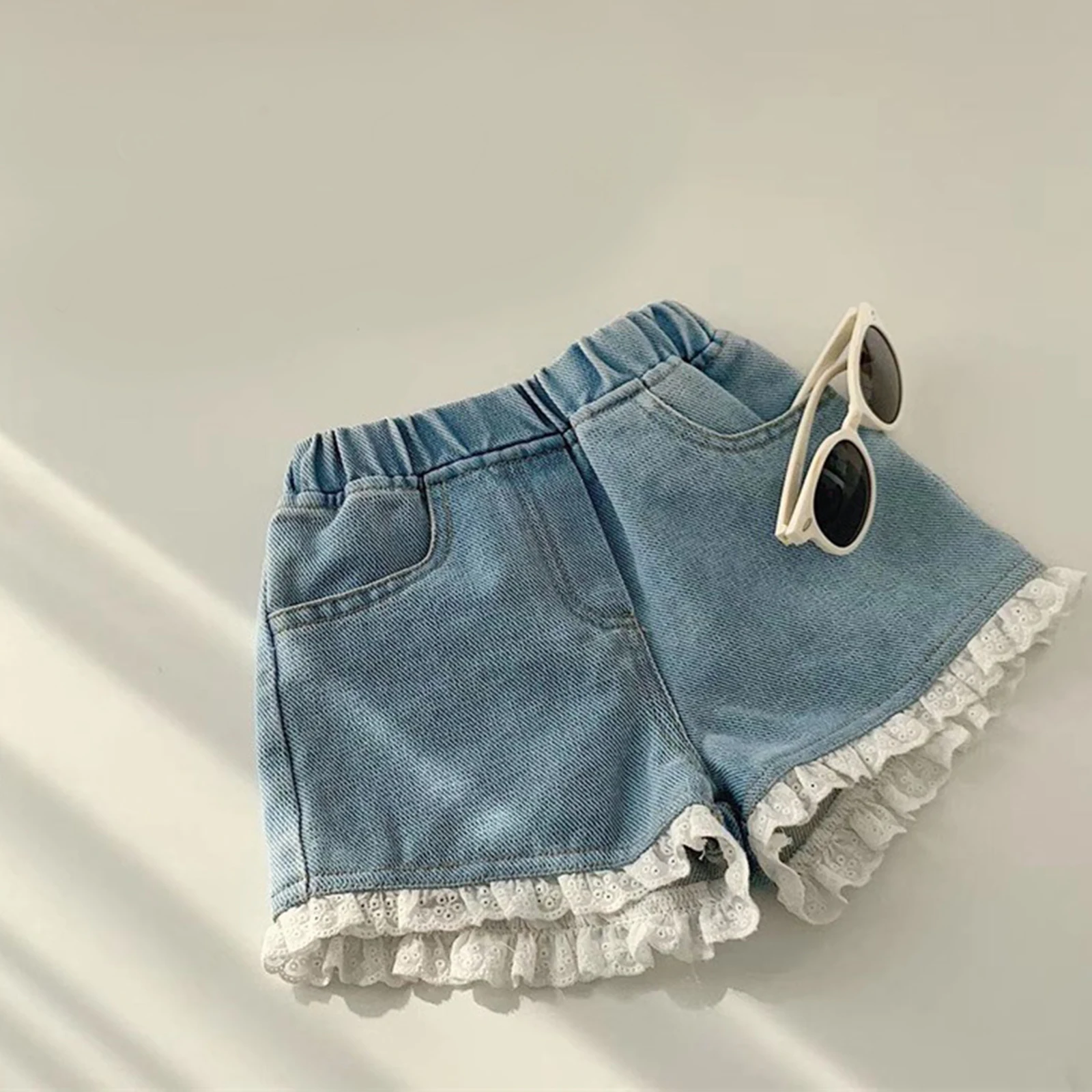 2021 Girls Princess Denim Shorts Teenage Girl Summer Lace Pants Kids Clothes Children Multi-pockets Jean Casual Short For Baby | Мать и