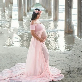 

Maternity Photography Boat Neck Dress Pregnant Off Shoulder Short Sleeve Stretch Cotton Chiffon Patchwork Dress