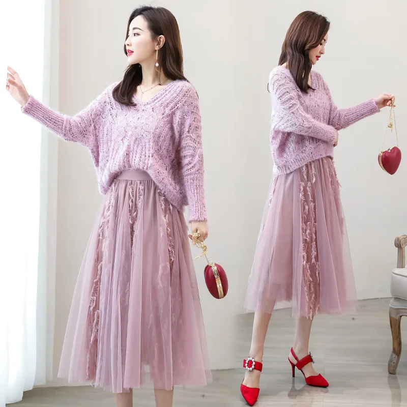 

Set/Suit Skirt 2019 Spring Long Sleeve V-neck Elastic Waist Mid-length Pullover Bat Sleeve Voile