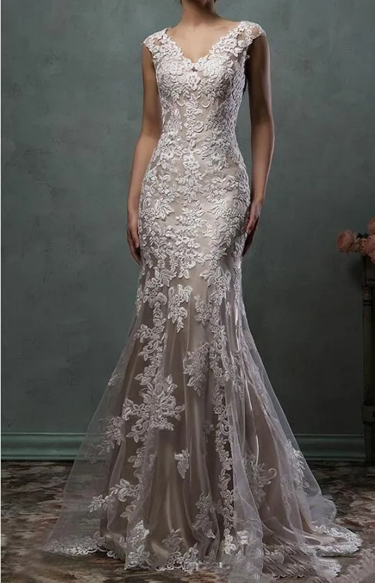 

Vintage 2019 Amelia Sposa Full Lace Appliques Mermaid Wedding Dresses V-Neck Chapel Train Wedding Bridal Gowns vestido de noiva