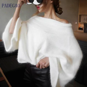 

Off Shoulder Sweater Women Cashmere Sexy 2020 Winter Mohair Solid Color Ladies Horizontal Neck Loose fur Sweater cute Pullover