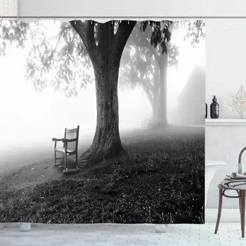 

Shower Curtain Set with Hooks 66x72 Tree Benches Trees Fog Scenery Behind White Dickey Ridge Nature Parks Outdoor Discovery