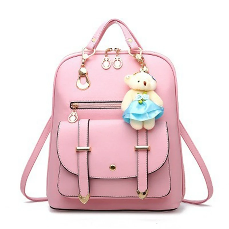 

PU Leather Solid Color Backpack With Bear Toy Students Junior High School Bag Girl Boy Double Shoulder Bag Women Travel Backpack