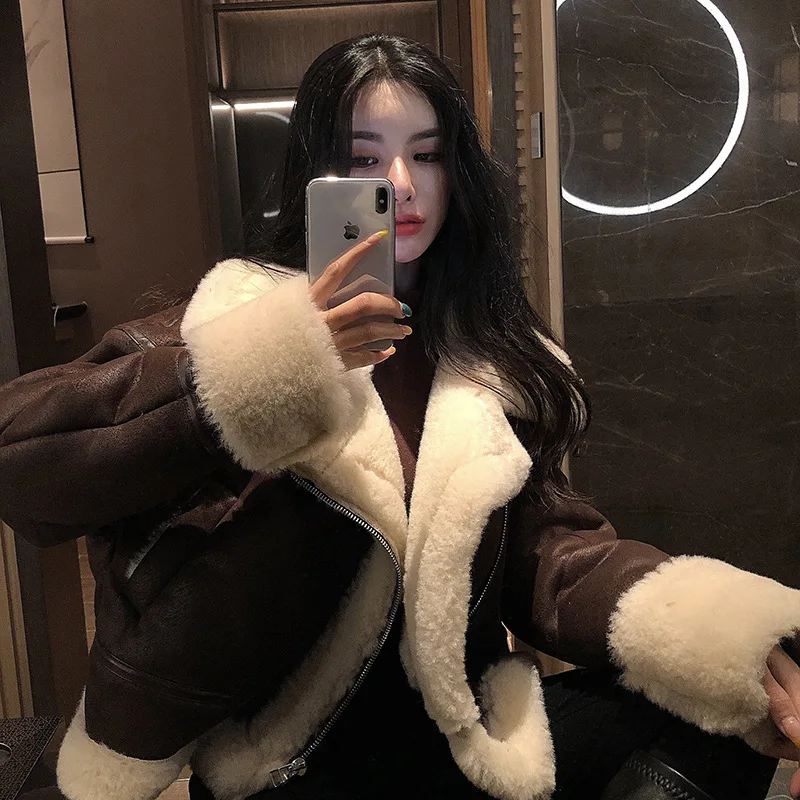 

2019 Winter High -Quality Jacket Female Suede Lamb Keep Warm Wool Coat Motorcycle Lapels Coat Female Thicker Jacket Women