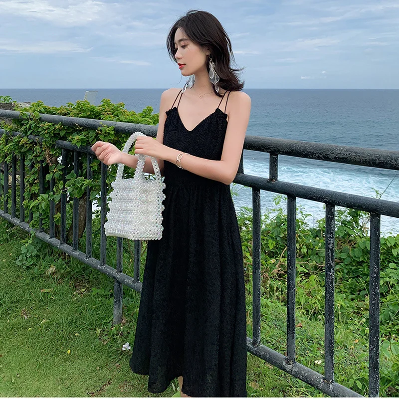 Summer Women Lace Black Backless Straps Sundress Female Midi Elegant Party Vacation Beach Dress Vintage Korean Runway Vestidos