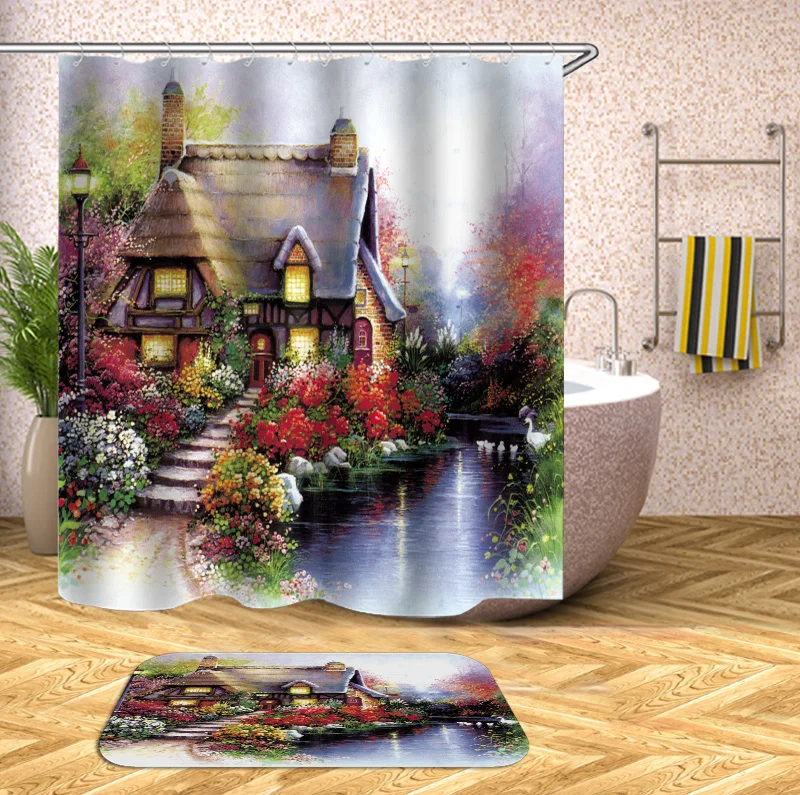 Famous Painting Shower Curtain with Sea Wave Pattern Waterproof Bathroom Curtain Bath Curtain