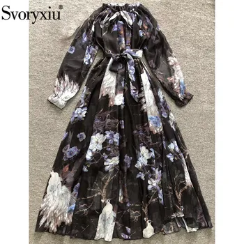 

Svoryxiu Designer Spring Summer Vintage Long Dresses Women's Long Sleeve Robe Peacock Flower Print Elegant Dress Vestdios
