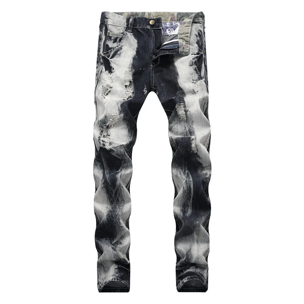 

Jeans Male Slim Fit Straight Cylinder Hole Camouflage Patch Beggar Men Cowboy Trousers