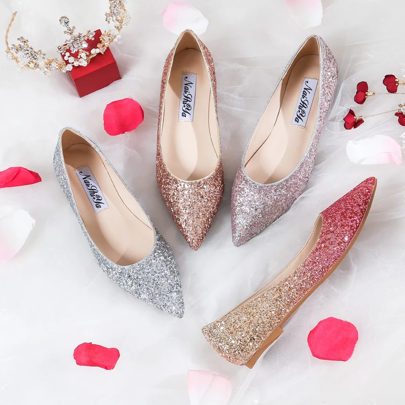 Fashion Women Flat Ballet Shoes Bling Pointed Toe Flats Shoes Elegant Comfortable Lady Shiny Flat Wedding shoes size 31-45 women loafers
