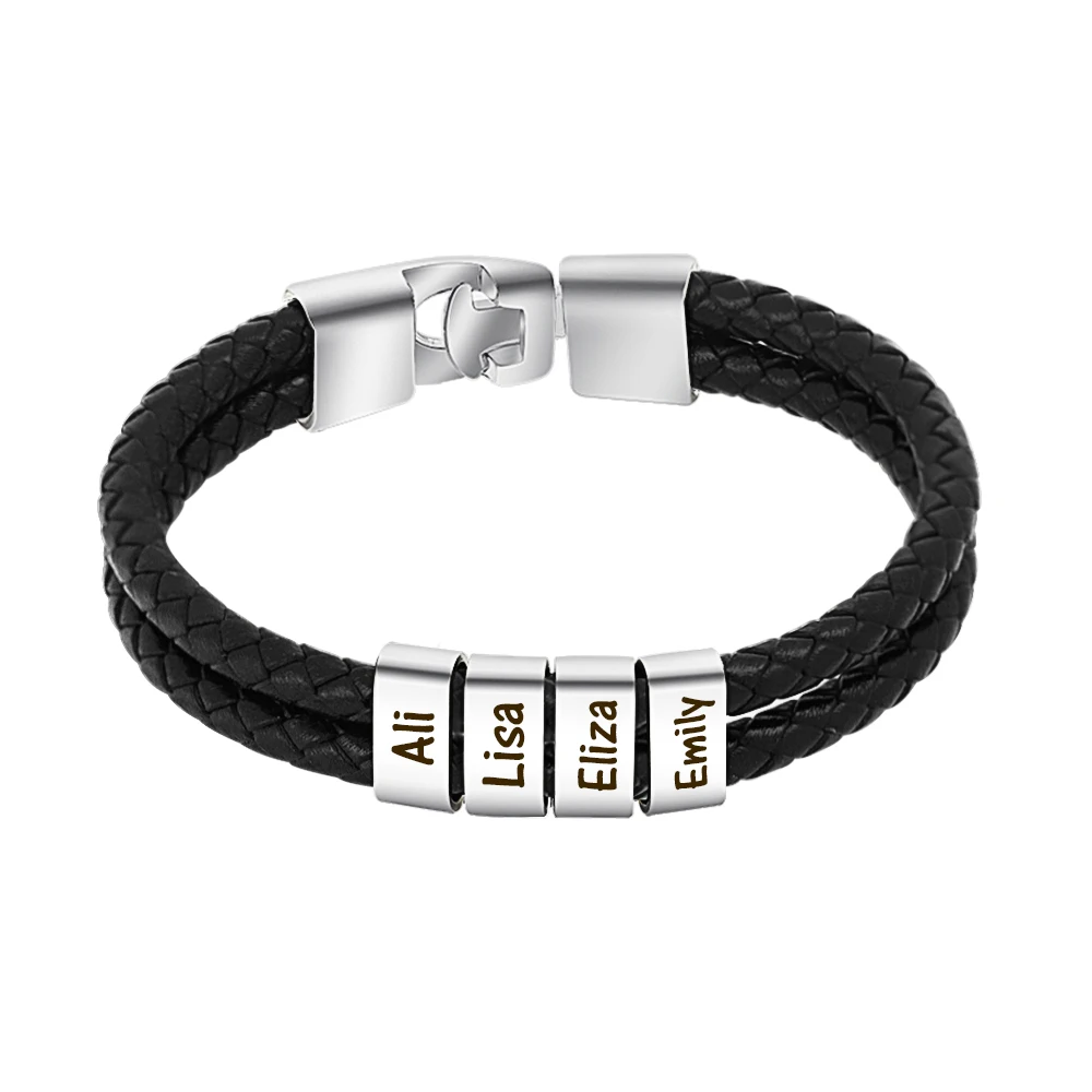 1pc Personalized names beads Men Leather Bracelet Customized gift for husband father