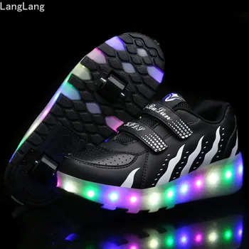 Zapatillas ligeras LED 2020 con dos ruedas para patines de ruedas para niños y niñas, zapatos informales con ruedas para niñas, Zapatillas negras y blancas