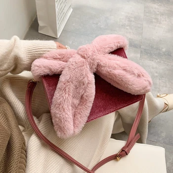 

Elegant Velvet Shoulder Bags Women's Plush Bownot Messenger Bag Ladies Winter Plush Crosbody Bags For Women Luxury PU Leather