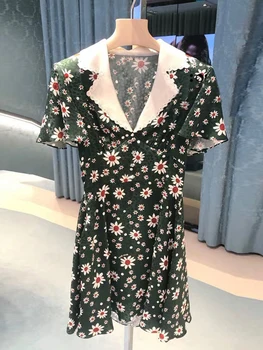

100% Silk Brand Fashion Women High-end Luxury Summer Lapel Green Daisy Floral Silk Short-sleeved Dress