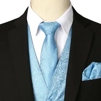 

3 Pcs Men Fashion Light Blue Paisley Waistcoat Set Formal Occasion Necktie Handkerchief Vest Sets for Wedding Party Club