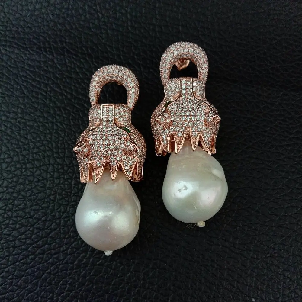 

Leopard head Earrings White keshi Pearl CZ Pave Rose Golden Plated