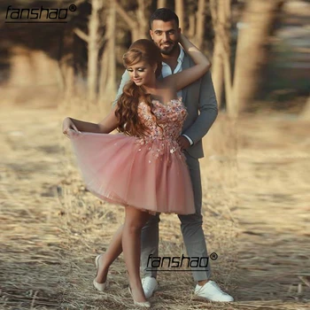 

Fanshao Pink Elegant Cocktail Dresses A-line Sweetheart Off the Shoulder Flowers Homecoming Dress Short Mini Tulle Party Gown