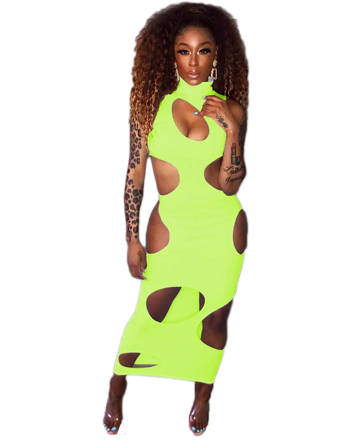 

Summer 2020 Fashion Sexy Hollow Out Turtleneck Sleeveless Long Bodycon Dress Maxi Night Club Party Dress Neon Green Vestidos