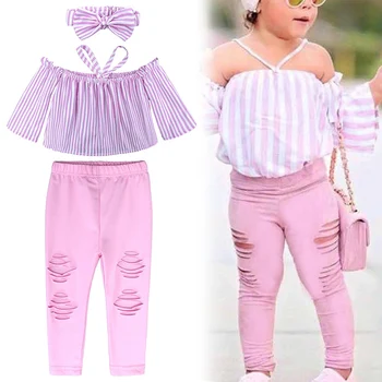 

3pcs Girl Clothes Set Off Shoulder Top T Shirt Shredded Pants Headband for Toddlers Kids Children Outfits YH-17