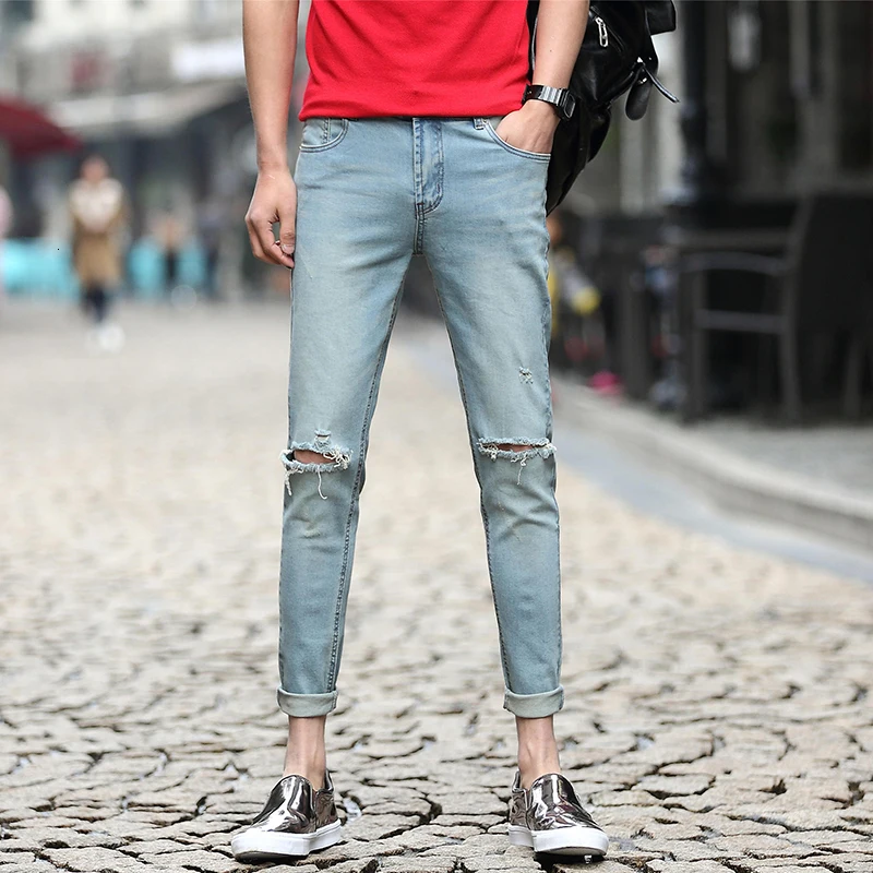 

Autumn New Jeans Men Slim Fashion Washed Solid Color Casual Denim Pants Man Streetwear Wild Hip-hop Hole Jeans Male Clothes