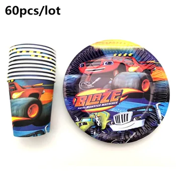

60PCS Blaze Monster Machines Design Decorate Cups Plates Kids Favors Dishes Glass Baby Shower Happy Birthday Party Tableware Set